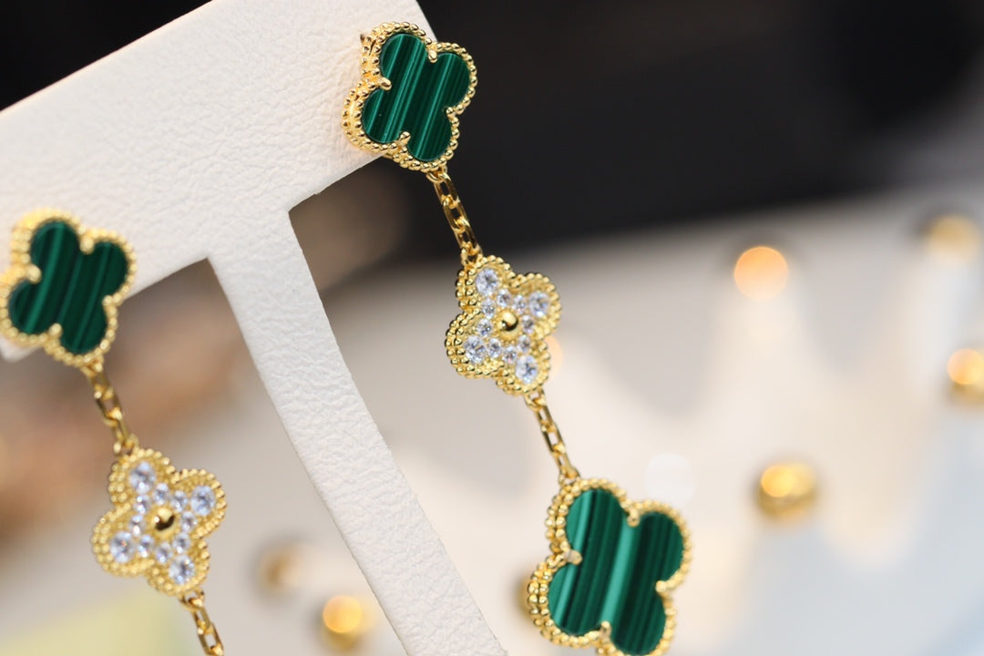 [Bloom]CLOVER EARRINGS GOLD MALACHITE DIAMOND 3 MOTIF