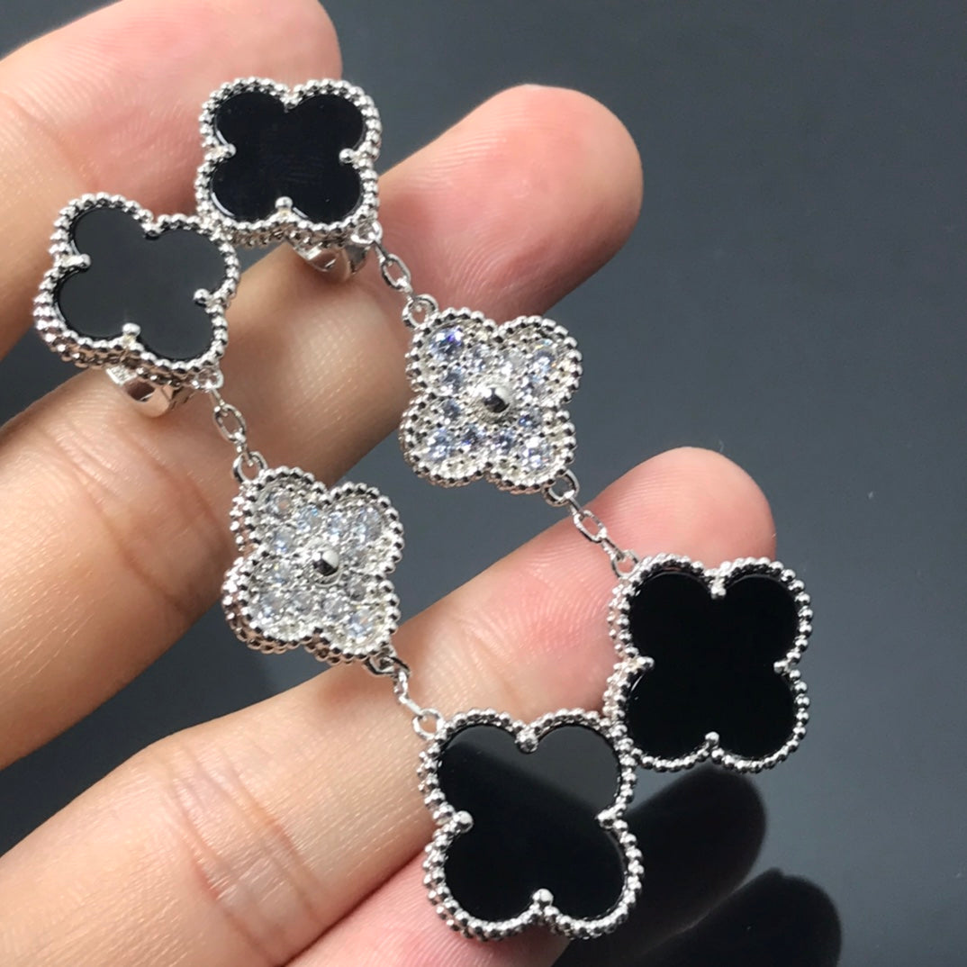 [Bloom]CLOVER 3 MOTIF DIAMOND ONYX SILVER EARRINGS