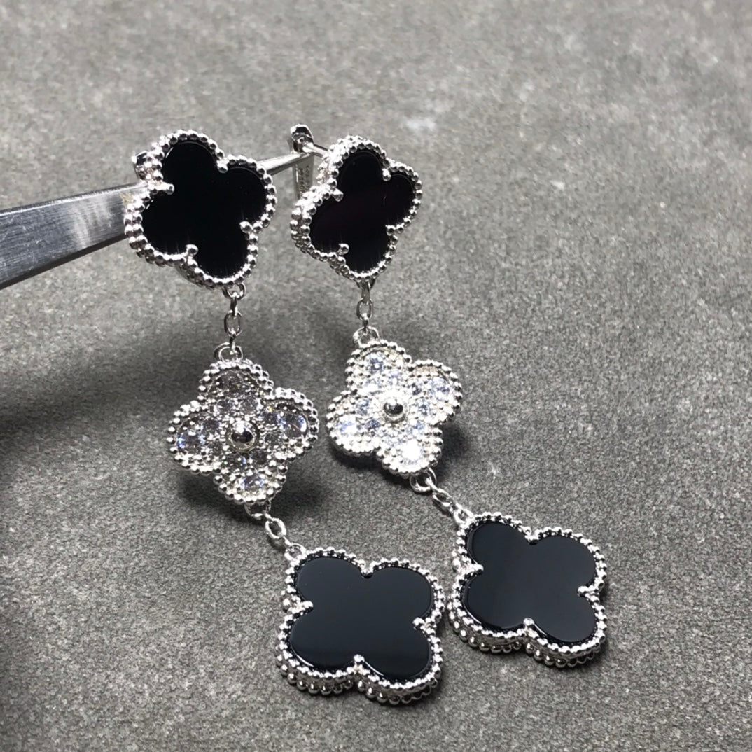 [Bloom]CLOVER 3 MOTIF DIAMOND ONYX SILVER EARRINGS