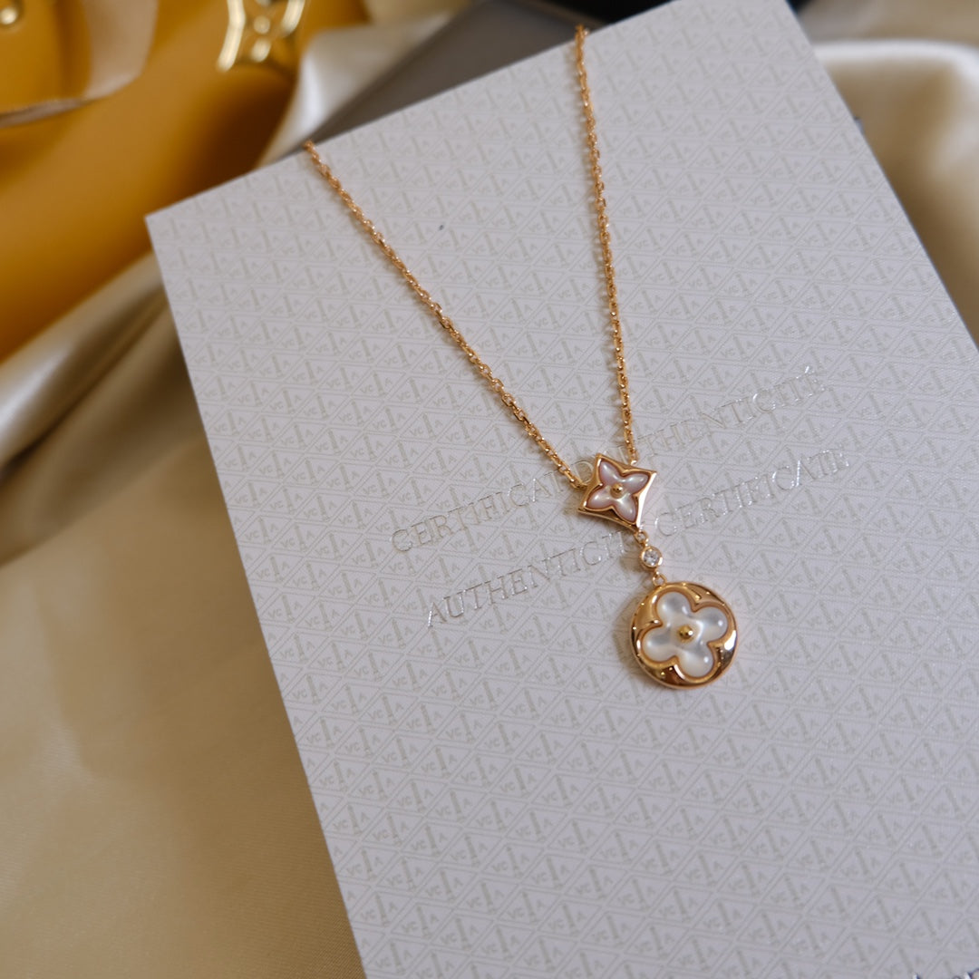 [Bloom]STAR AND SUN WHITE MOP 2 MOTIF PINK GOLD NECKLACE