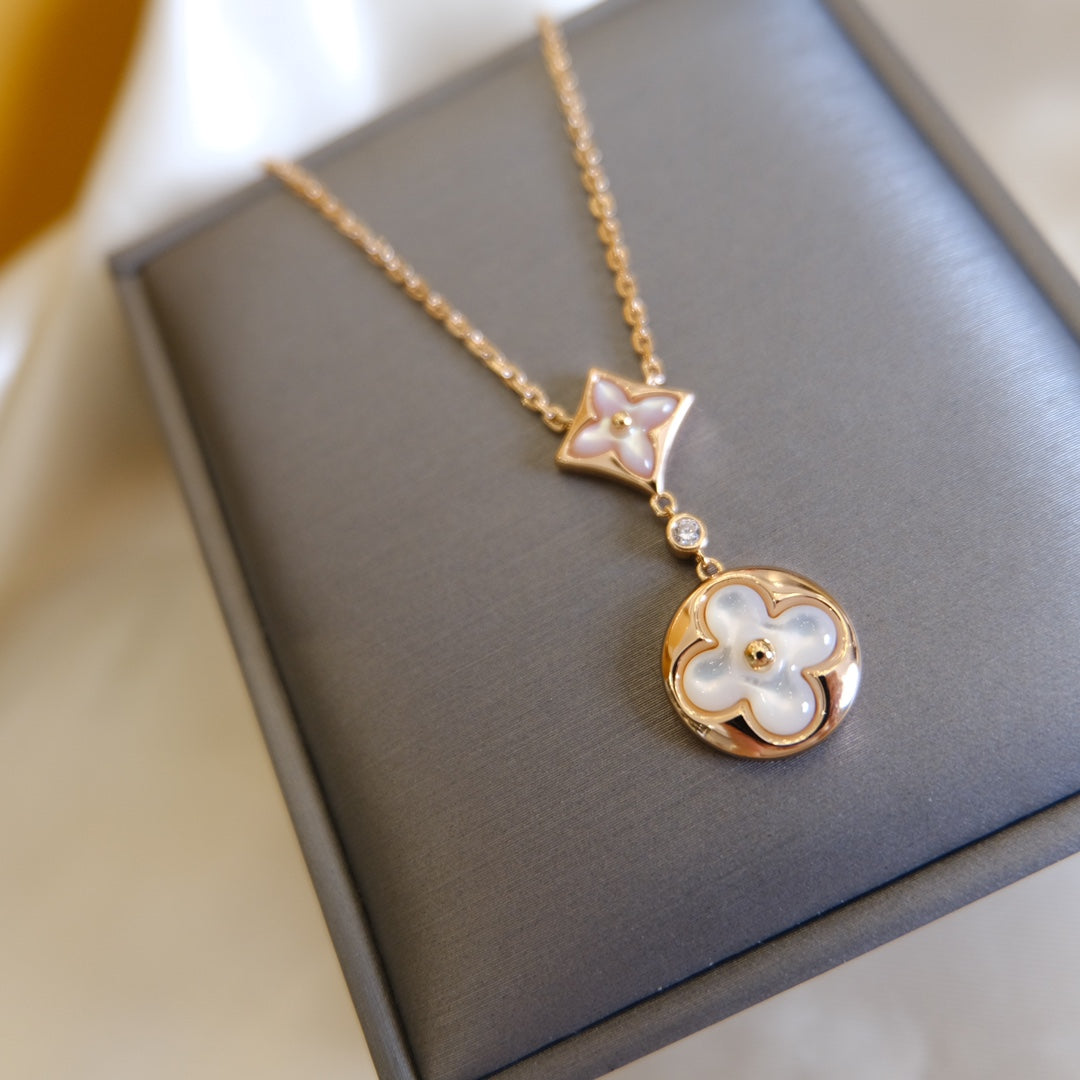 [Bloom]STAR AND SUN WHITE MOP 2 MOTIF PINK GOLD NECKLACE