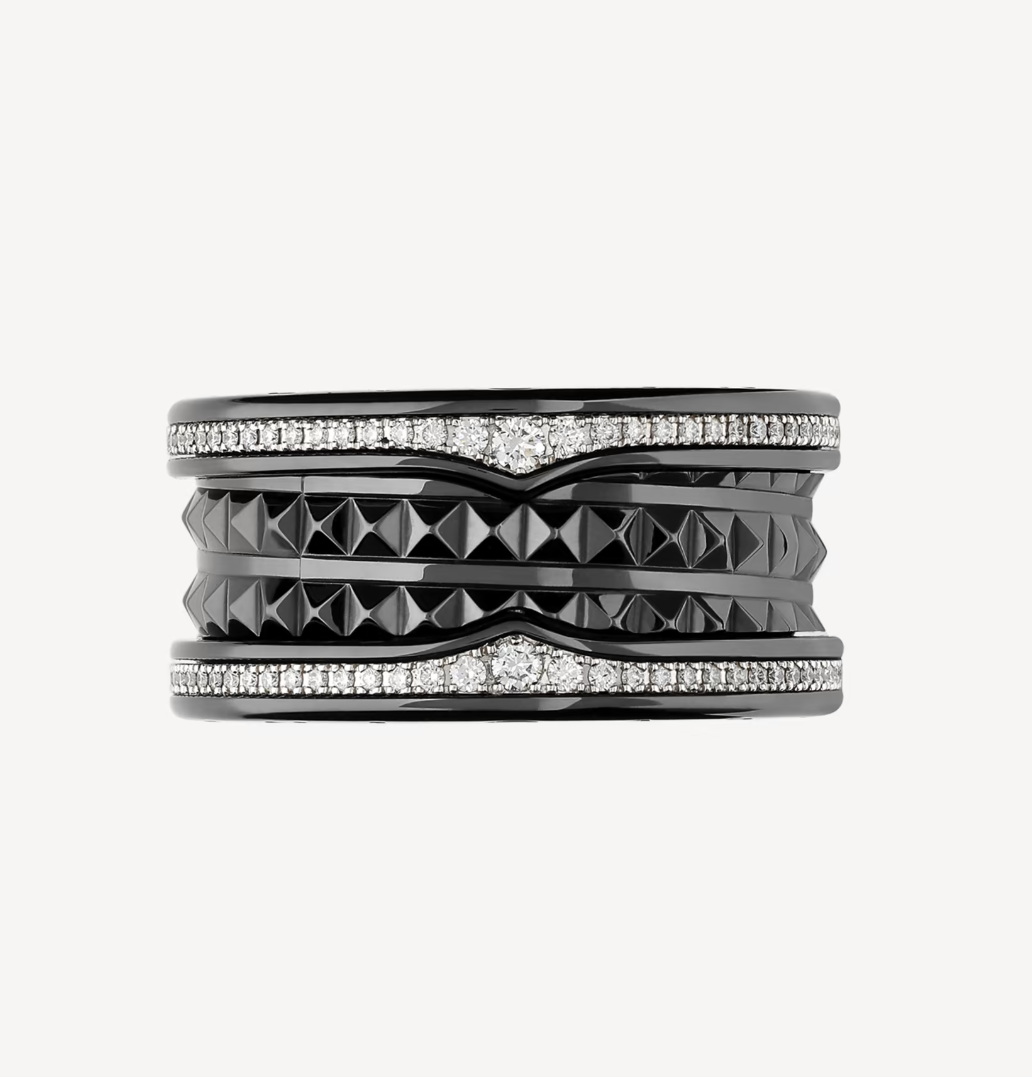 [Bloom]ZERO 1 ROCK FOUR-BAND BLACK CERAMIC WITH STUDDED SPIRAL AND PAVED DIAMONDS RING