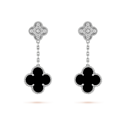 [Bloom]CLOVER 2 MOTIFS  DIAMOND ONYX EARRINGS SILVER