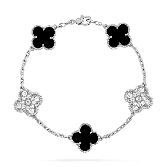 [Bloom]CLOVER 5 MOTIF ONYXS DIAMOND BRACELET SILVER