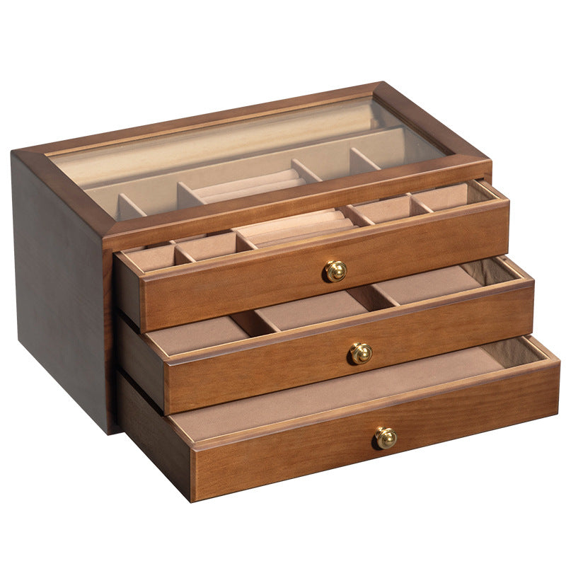 HIGH-GRADE SOLID WOOD JEWELRY BOX TRANSPARENT GLASS STORAGE BOX