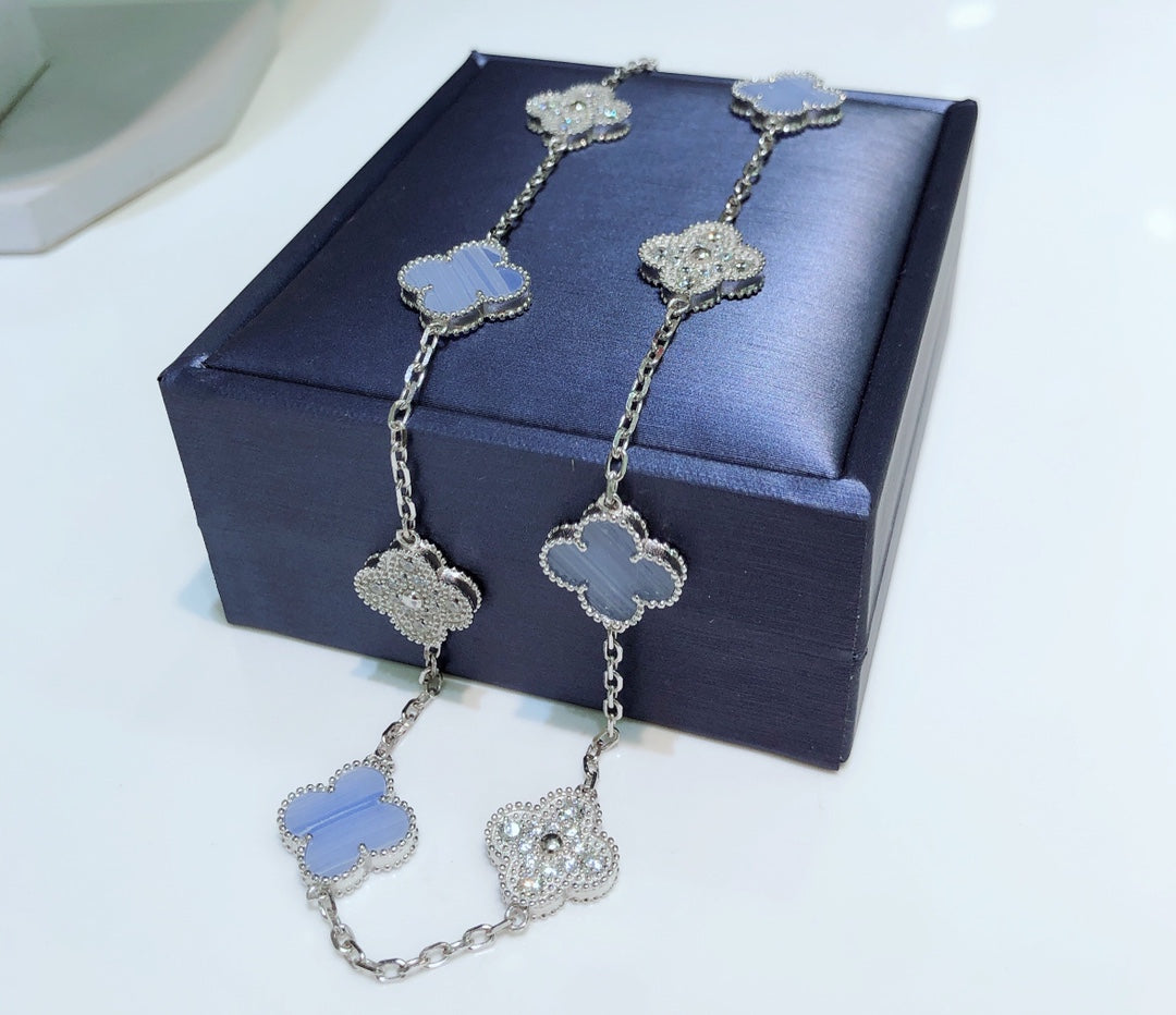 [Bloom]CLOVER 10 MOTIFS CHALCEDONY DIAMONDS SILVER NECKLACE