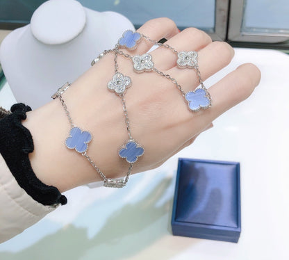 [Bloom]CLOVER 10 MOTIFS CHALCEDONY DIAMONDS SILVER NECKLACE