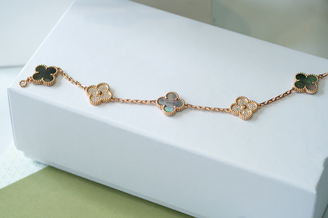 [Bloom]CLOVER 5 MOTIFS DARK MOP AND DIAMONDS PINK GOLD BRACELET