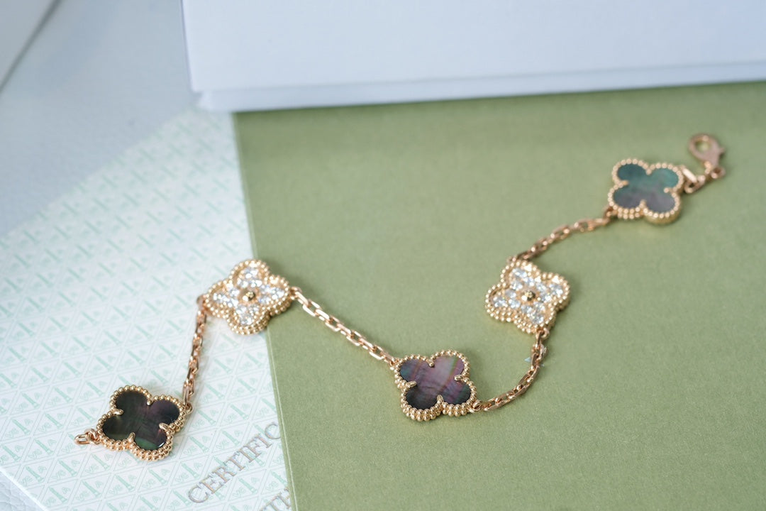 [Bloom]CLOVER 5 MOTIFS DARK MOP AND DIAMONDS PINK GOLD BRACELET