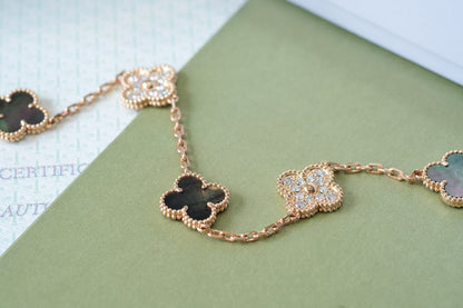 [Bloom]CLOVER 5 MOTIFS DARK MOP AND DIAMONDS PINK GOLD BRACELET